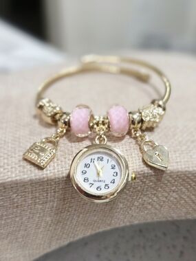 Gold-Tone Pink Bead Charm Bracelet Watch -